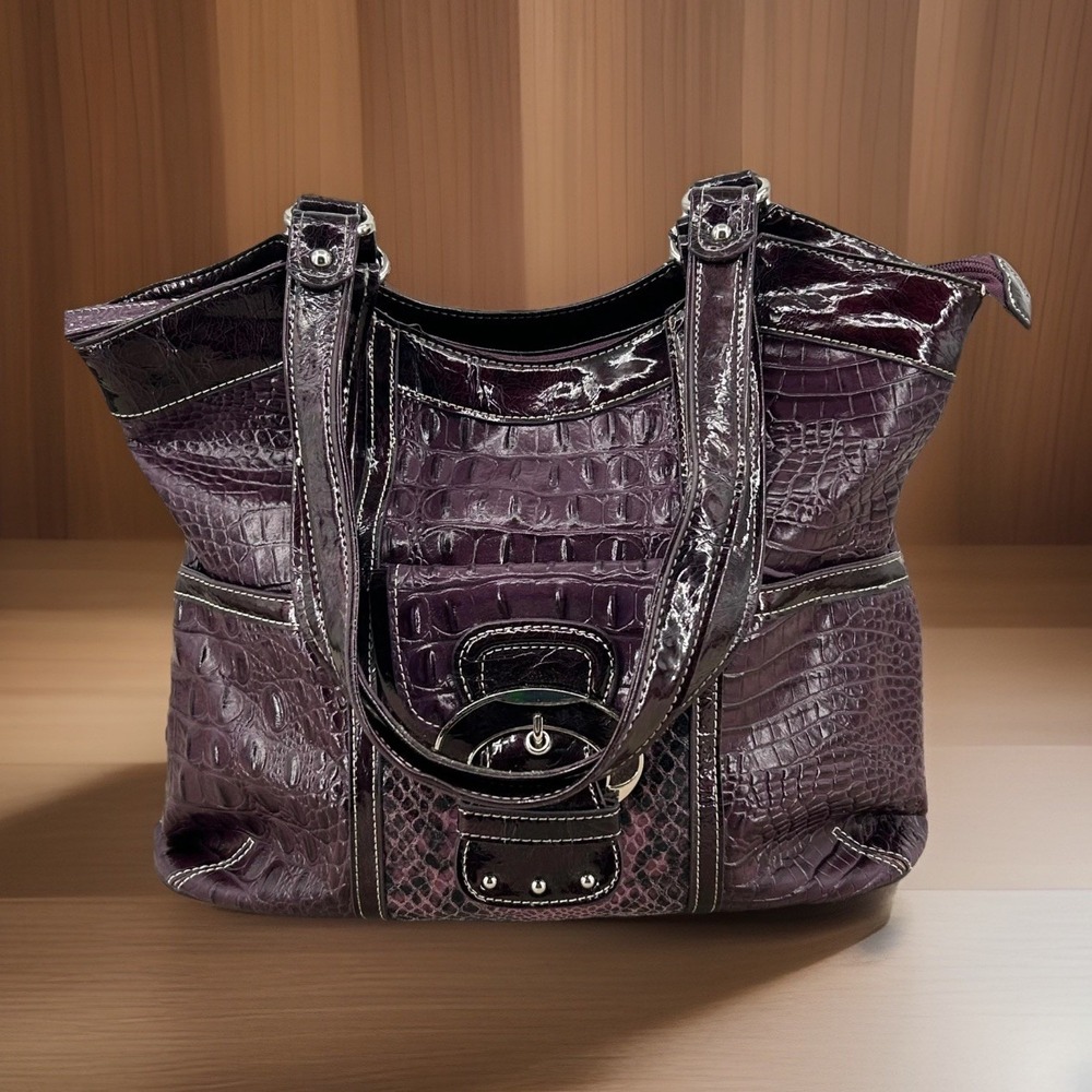 Marc Chantal Wms Hobo Bag Large Purple Patent Croc Embossed Stitching Y2K Chic